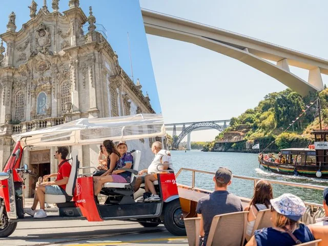 Collage of red tuk-tuk tour by a church and a river boat tour